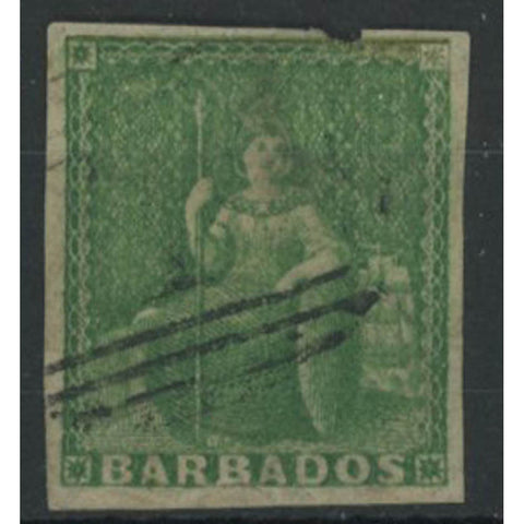 Barbados 1855-58 (_d) Yellow green, very fine used, with 4 clear margins, nick at top, Cat.£110. SG7