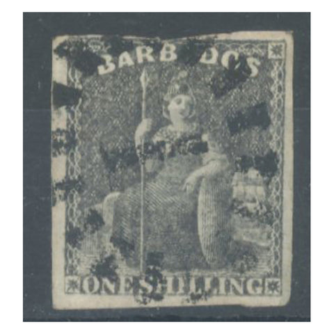 Barbados 1858 1/- Black, fine used 4 good/large margins, central 1 numeral cancel. SG12a