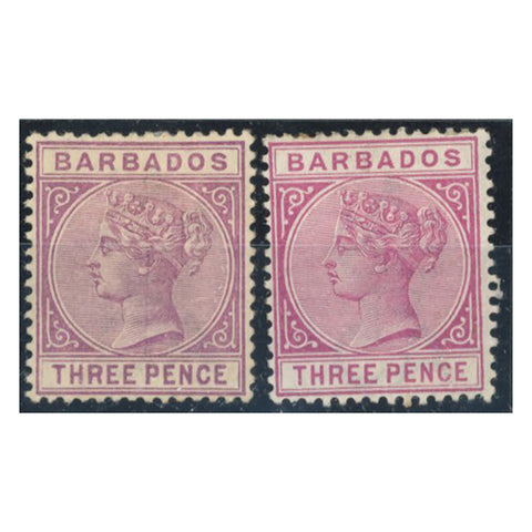 Barbados 1882-86 3d Deep purple & 3d Reddish purple, both fine mtd mint. SG95-6