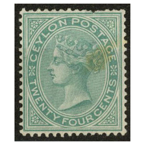 Ceylon 1872-80 24c Green (CC), perf 14, mint no gum, stained. SG127