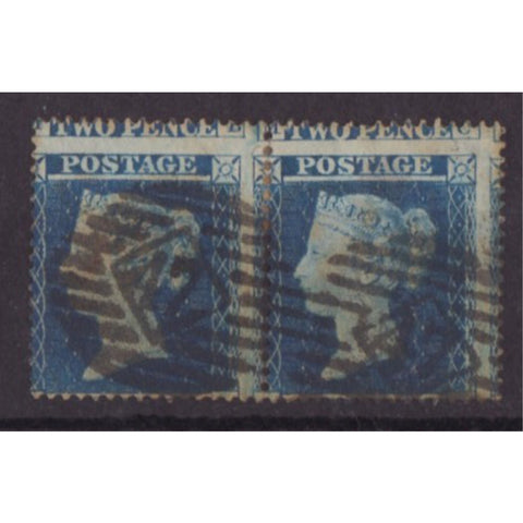 GB 1854 2d Deep-blue, wmk small crown, perf 16, horizontal pair, used. SG19
