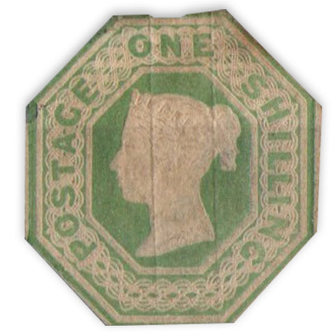 GB 1847-54 1/- Pale-green, mint no gum, cut to shape, likely cleaned, cat. £24000. SG54