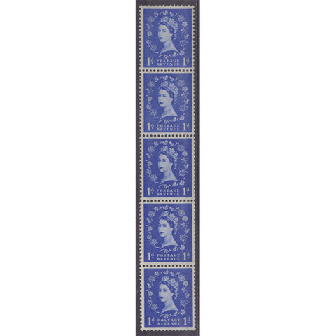 GB 1953 1d Ultra, 'thistle' flaw in vertical strip of 5, u/m. SG516var