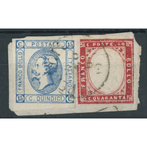 Italy 1863 Small fragment bearing an Italian 15c Blue (open ‘C’) definitive and 40c Sardinian embossed definitive