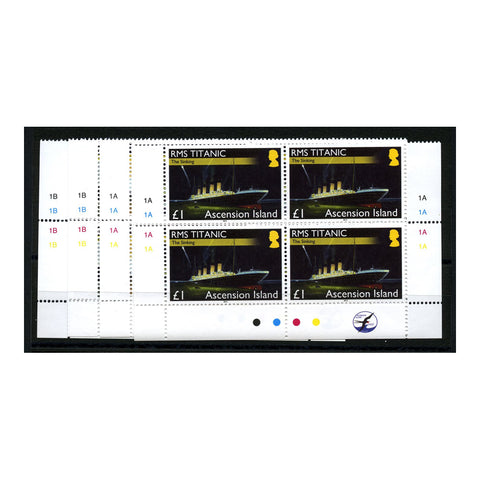 Ascension 2012 Sinking of the Titanic, u/m. SG1134-37 x 4 corner blocks