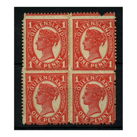 Australia (Queensland) 1897-98 1d Vermillion roulette block of 4, u/m & mtd mint, pulled perf. SG257