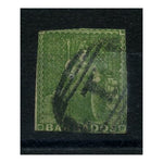 Barbados 1855-58 (½d) Green/white ppr, imperf, barred numeral cancel used, spacefiller example. SG8