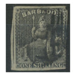 Barbados 1858 1/- Black, no wmk, 3 margins, good used. SG12a