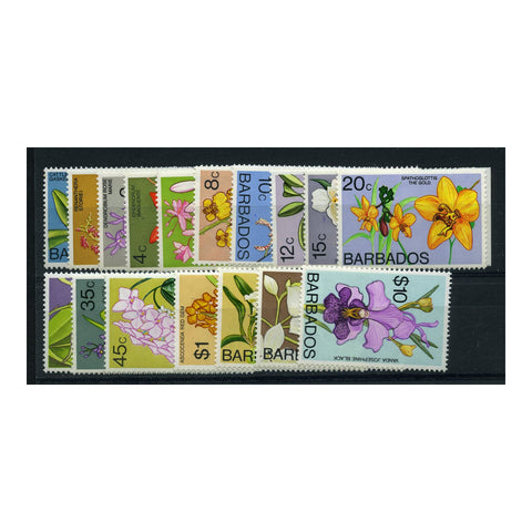 Barbados 1974-77 Orchid set to $10, less 50c (17v) Block CA wmk, u/m. SG485-500