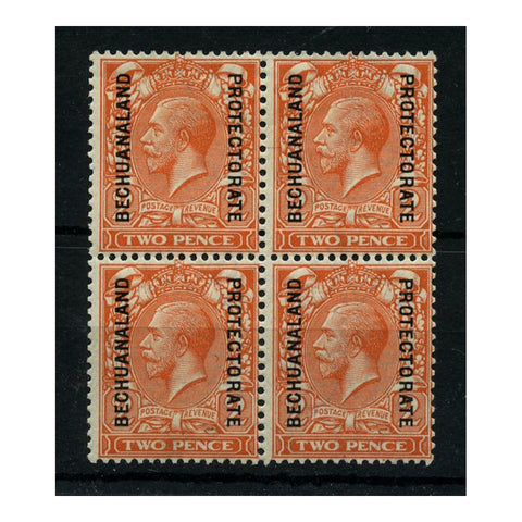 Bechuanaland 1913-24 2d Reddish-orange, simp cyph, blk of 4, top lightly mtd mint, bottom u/m. SG76