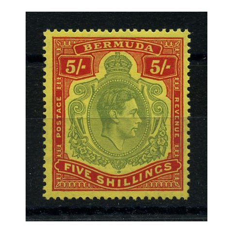 Bermuda 1942-53 5/- Bronze-green & carmine-red/pale-yellow, reg ppr, perf 14, light mtd mint. SG118c