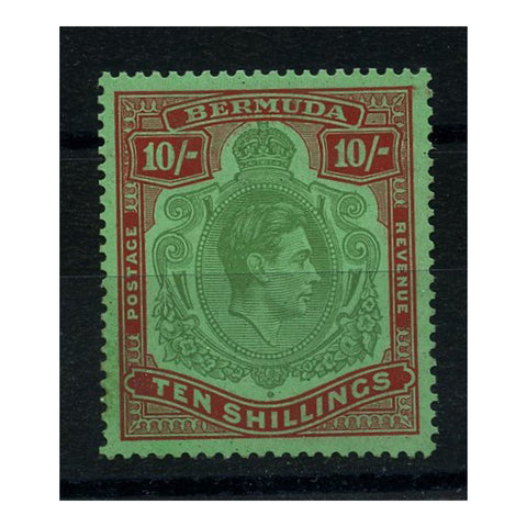 Bermuda 1938-53 10/- Bluish-green & deep-red/green chalk surf ppr, perf 14, lightly mtd mint. SG119a