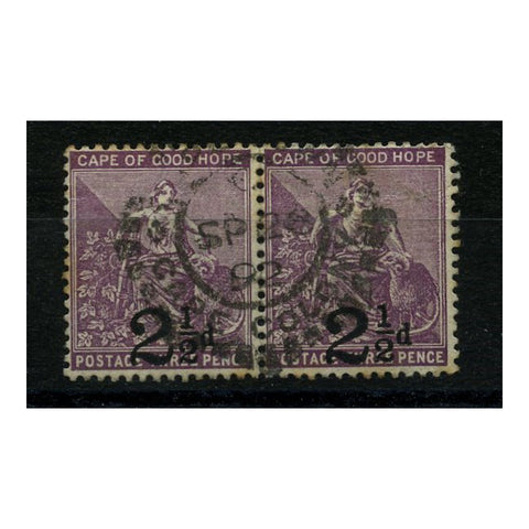 Cape of GH 1891 2½d on 3d Pale-magenta, horiz serrif in horiz pair, cds used, tone spots. SG55+b_CAVC0055BU2X