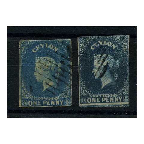 Ceylon 1857-59 1d Both shades, just 3 margins, good to fine used, SG2+a