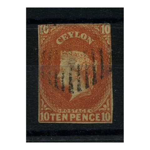 Ceylon 1857-59 10d Dull vermilion, just 3 margins, good to fine used. SG9