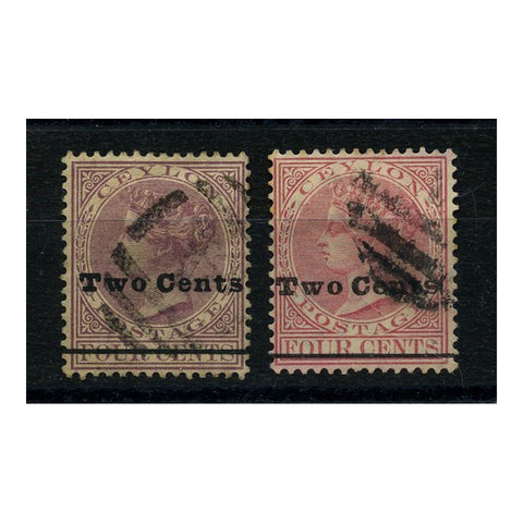 Ceylon 1888-90 2c Surcharge type 34, both colours, good to fine used. SG208-09_CEYL0208U2
