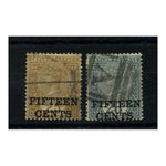 Ceylon 1891 15c Surcharge pair, good to fine used. SG239-40_CEYL0239U