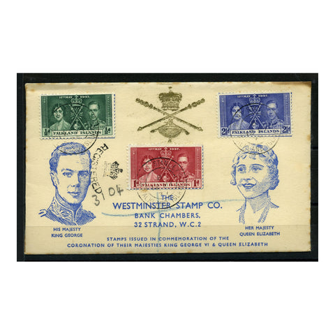 Falklands 1937 Coronation, used on registered, illustrated & embossed 'Westminster' FDC. SG143-45