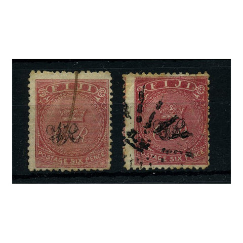 Fiji 1877 6d VR on laid ppr, both shades, rose pen cancelled. SG33+a