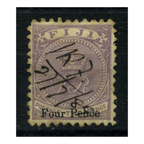 Fiji 1888-90 4d on 2d Dull-purple, perf 10, type B ovpt, pen cancelled. SG43