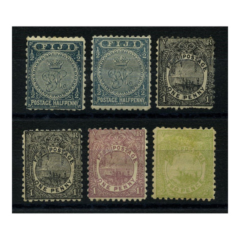 Fiji 1893-96 Perf 11 short set to 2d, inc addtl shade of 1/2d, mtd mint, minor faults. SG86-89_FIJI0086MMSX