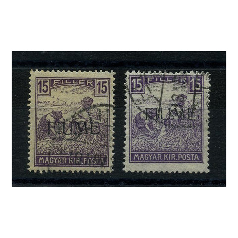 Fiume 1918-19 15f Violet, both types, cds used. SG7-8_FIUM0007U2