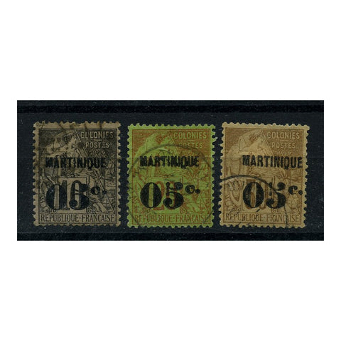 Martinique 1888-91 05c on 10c To 05c on 50c Surcharges, fine cds used. SG12-14_FSME0012U3