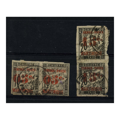 Martinique 1891-92 5c on 10c & 15c on 20c PDs, in pairs, 4 margins, cds used. SG25, 27_FSME0025U2A