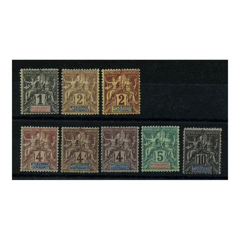 N Caledonia 1892 Short set to 10c inc addtl shades of 2c (x1) & 4c (x2), mtd mint. SG31-35 (8v)_FSNC0031MMS