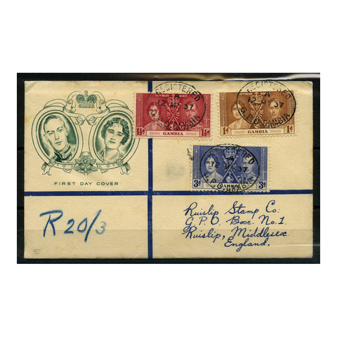 Gambia 1937 Coronation, used on 3 registered 'Ruslip' FDCs with different colour cachets. SG147-49