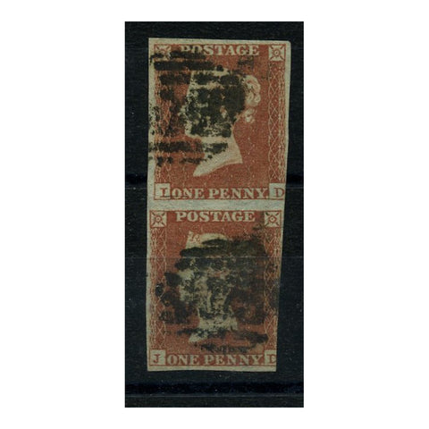 GB 1841 1d Red-brown, vert pair, 3 margins, pl 161, displaying 'recut D' variety. SG8