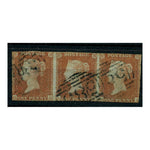 GB 1841 1d Orange-brown, horiz strip of 3, cut close,1844 cancels used, faulty. Cat. £825. SG12