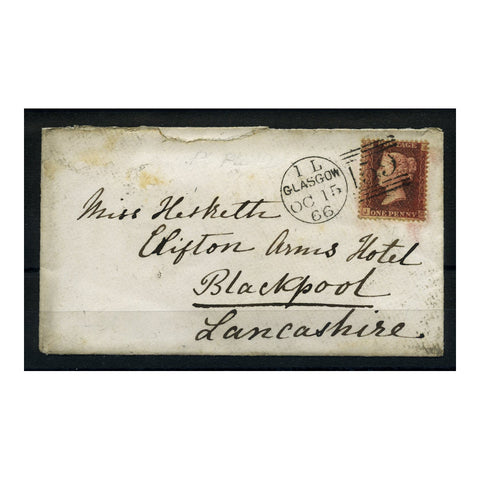 GB 1866 1d Lake-red, pl 72, used on cover from Glasgow to Blackpool via Preston & Holensburgh. SG44