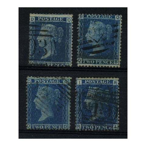 GB 1858-76 2d Blue, thick lines, all 4 plates, generally fine used for the type. SG45