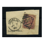 GB 1880 1-1.2d Rose-red, pl 3, used on tidy fragment with Dublin duplex cancel. SG51