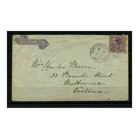 GB 1862 6d Deep-lilac, on rare 'Via Southampton' stationery cover to Australia. Stamp trimmed. SG69