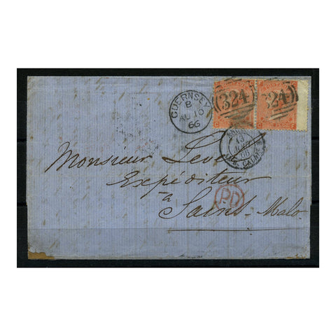 GB 1866 4d Dull-vermillion, pl 8, horiz pair used cover from Guernsey to St Malo (via London). SG93