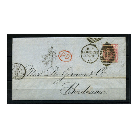 GB 1874 3d Deep-vermillion, pl 14, on cover to Bordeaux, from BB&T (Barclays forerunner). SG95