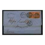 GB 1868 4d Deep-vermillion, pl 9, horiz pair, on cover Cardiff-Marseilles via London. SG95