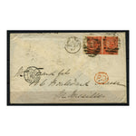 GB 1867 4d Deep-vermillion, pl 9, horiz pair, on cover to Marseilles, Calais & red PD marks. SG95