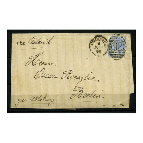 GB 1880 2-1/2d Blue, wmk orb, pl 18, on cover London to Berlin via Ostend, comm endorsement. SG142