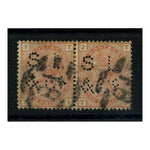 GB 1881-93 1/- Orange-brown, plate 13, horiz pair, perfin 'SL&Co' (Sampson Low), fine used. SG163