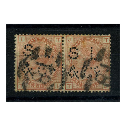 GB 1881-93 1/- Orange-brown, plate 13, horiz pair, perfin 'SL&Co' (Sampson Low), fine used. SG163