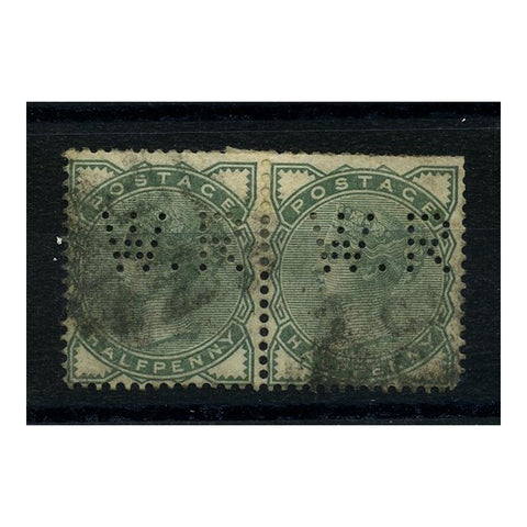 GB 1880-81 1/2d Deep-green, horiz pair, 'W.R.' perfin, good used. SG164