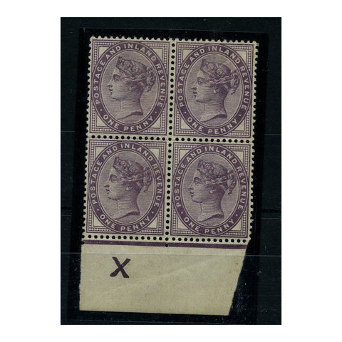 GB 1881 1d Deep-purple, control letter marginal block of 4, letter X inverted, u/m. SG173