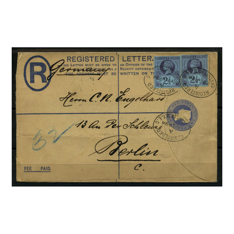 GB 1894 2d Registered stationery envelope, bearing 2x 2-1/2d Jubilee, sent to Germany. SG201