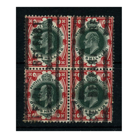 GB 1911 1/- Dark-green & scarlet, block of 4 (scarce), good used with Belfast roller cancel. SG312