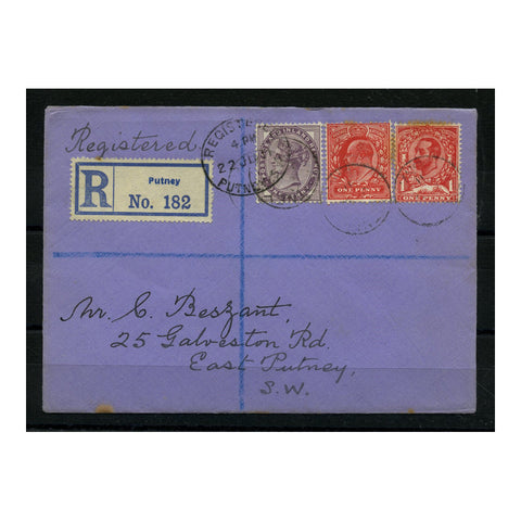 GB 1911 1d Pale-carmine, die A, on registered FDC with Vic & KEVII definitives, minor tone. SG328