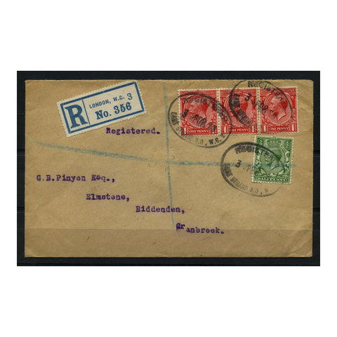 GB 1920 1/2d Green & horiz strip of 3x 1d scarlet-vermillion (good shade), used on reg cvr. SG351+61