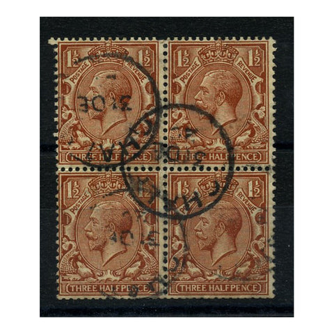 GB 1912-24 1-1/2d Red-brown, simple cypher blk of 4 displaying severe wmk shift, cds used. SG362var